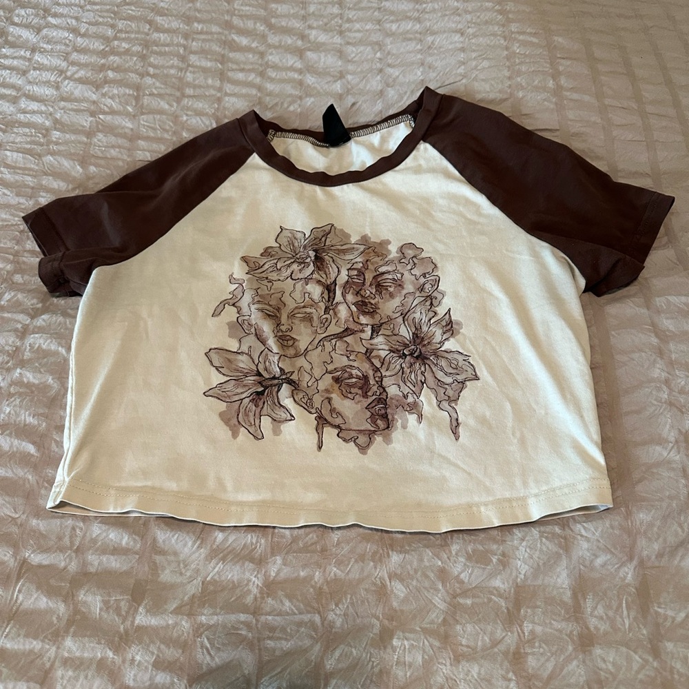 Crop cream and brown graphic tee SHEIN size large